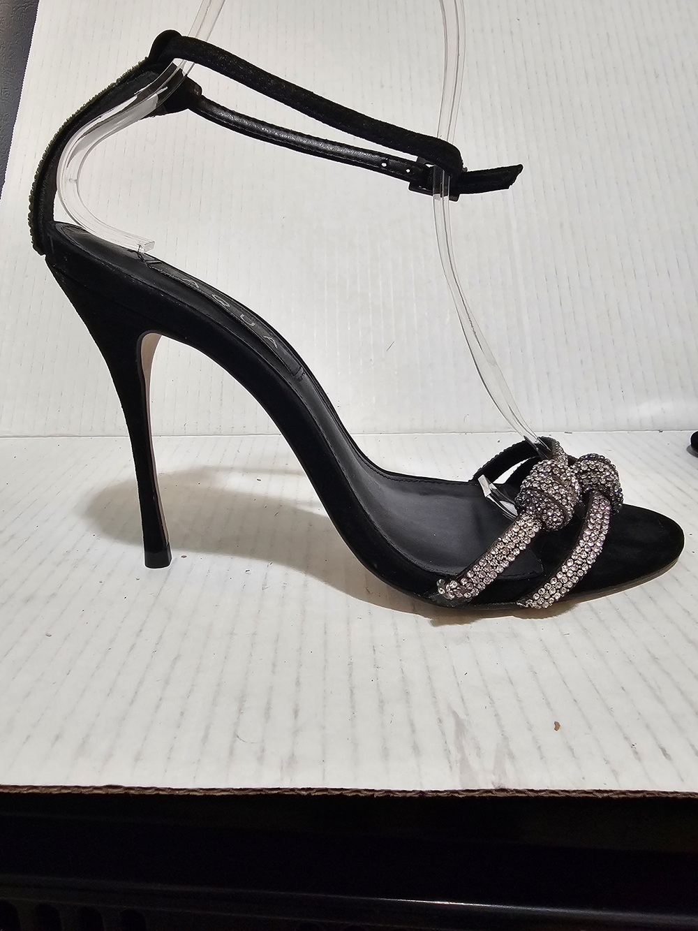 AQUA Women's Dori Black Crystal Embellished Knot Ankle Strap Sandals Sz 7.5